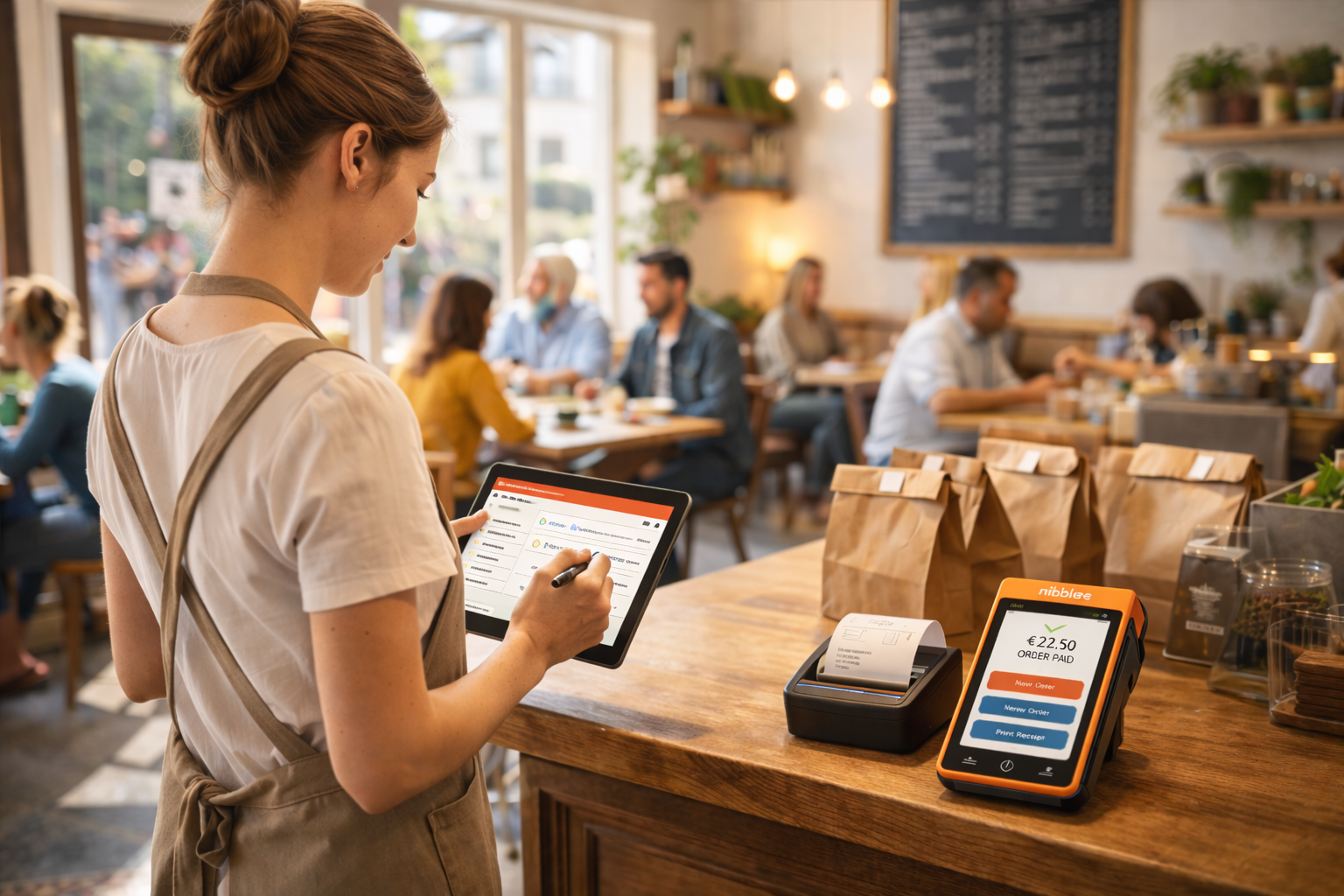 Café owner using a tablet and card reader at the counter with customers seated in the background