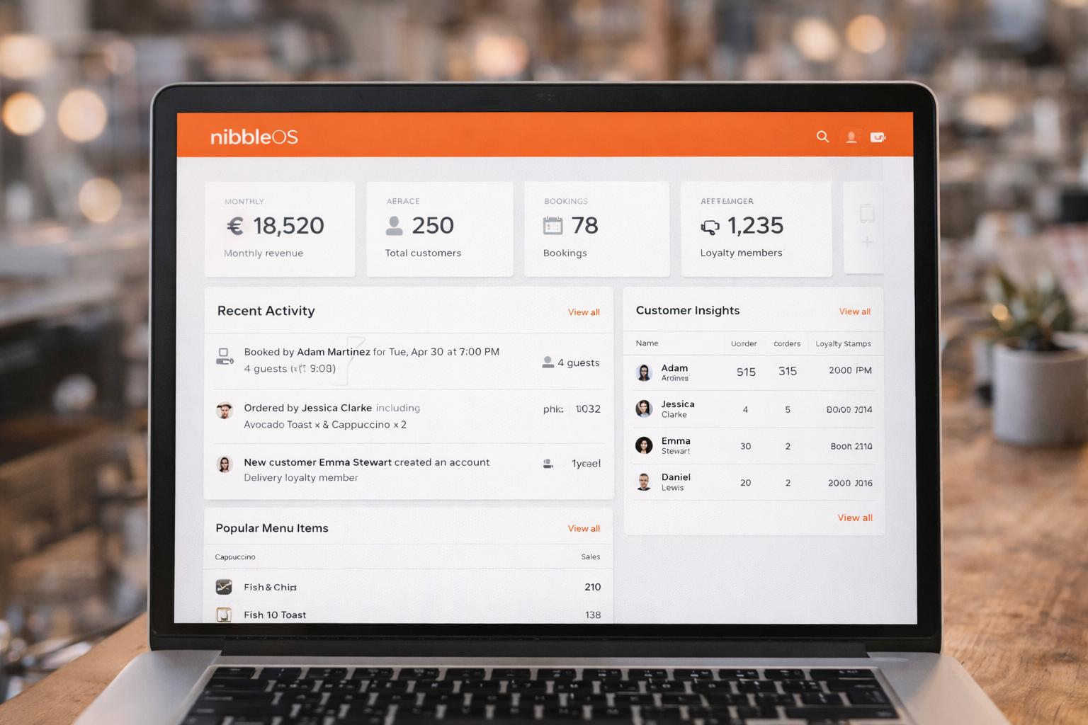 NibbleCRM dashboard on a laptop showing revenue, customer count, bookings, and loyalty member stats