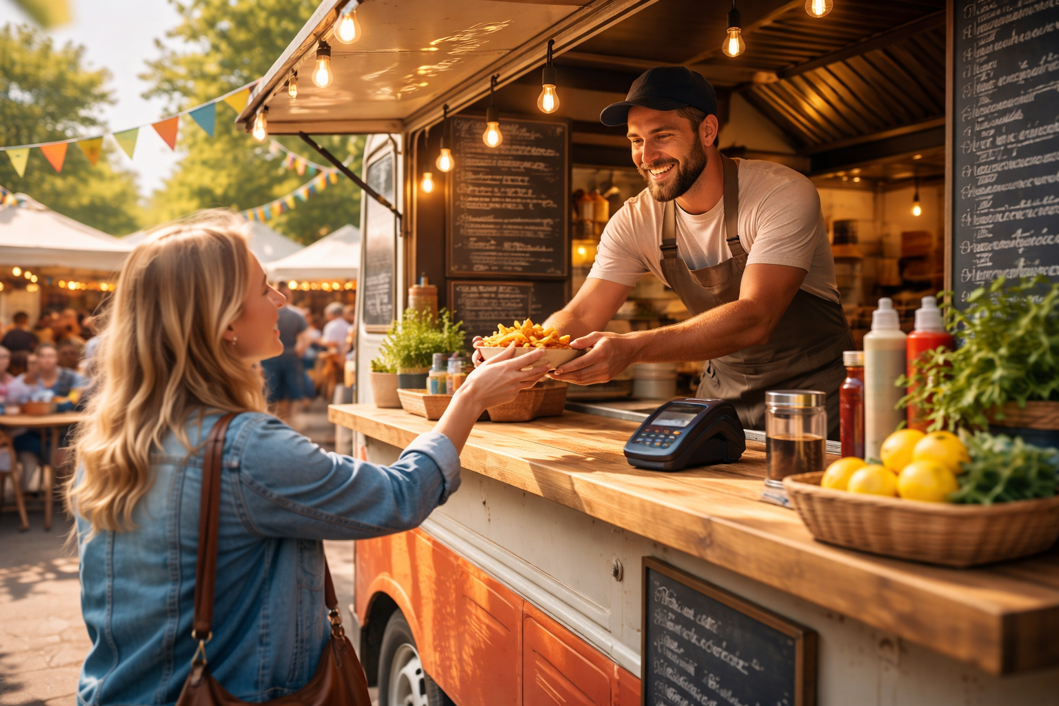 Food truck owner serving a customer with a card reader on the counter at a busy outdoor market