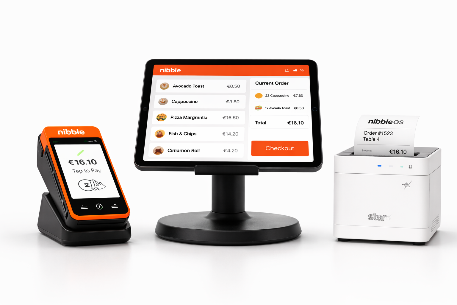 NibbleOS hardware lineup: Stripe payment terminal, iPad on stand running NibblePOS, and Star receipt printer