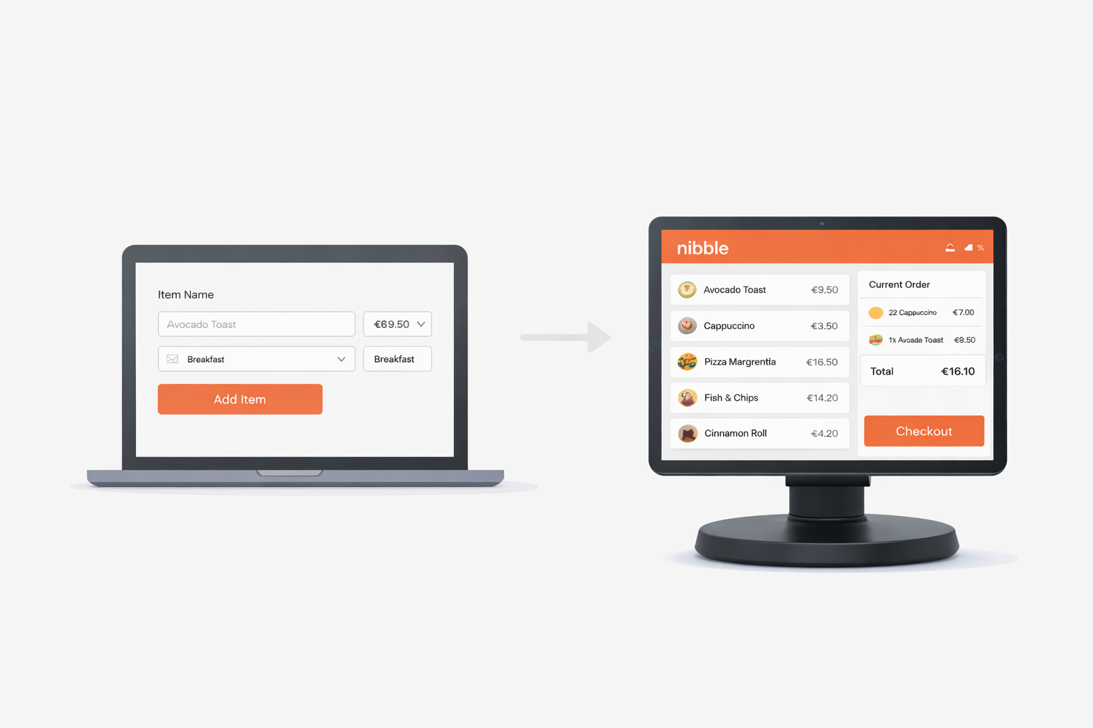 Add menu items on your laptop and they appear instantly on your POS display