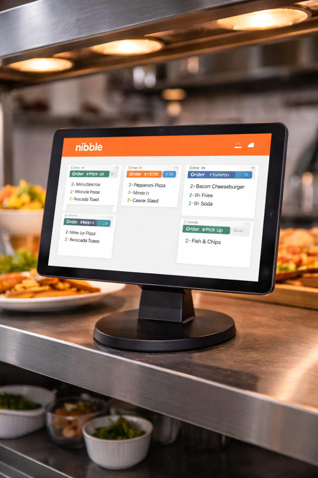 Nibble kitchen display system running on a tablet mounted in a busy kitchen showing active orders