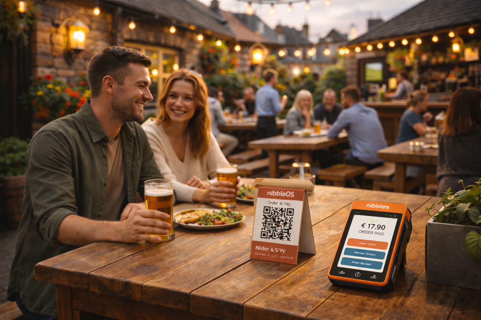 Couple enjoying food and drinks in a pub beer garden with a QR code table tent and payment terminal