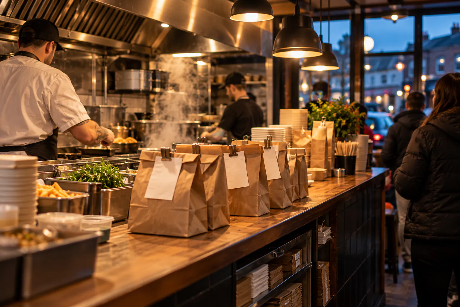 Takeaway bags lined up on the counter, ready for collection
