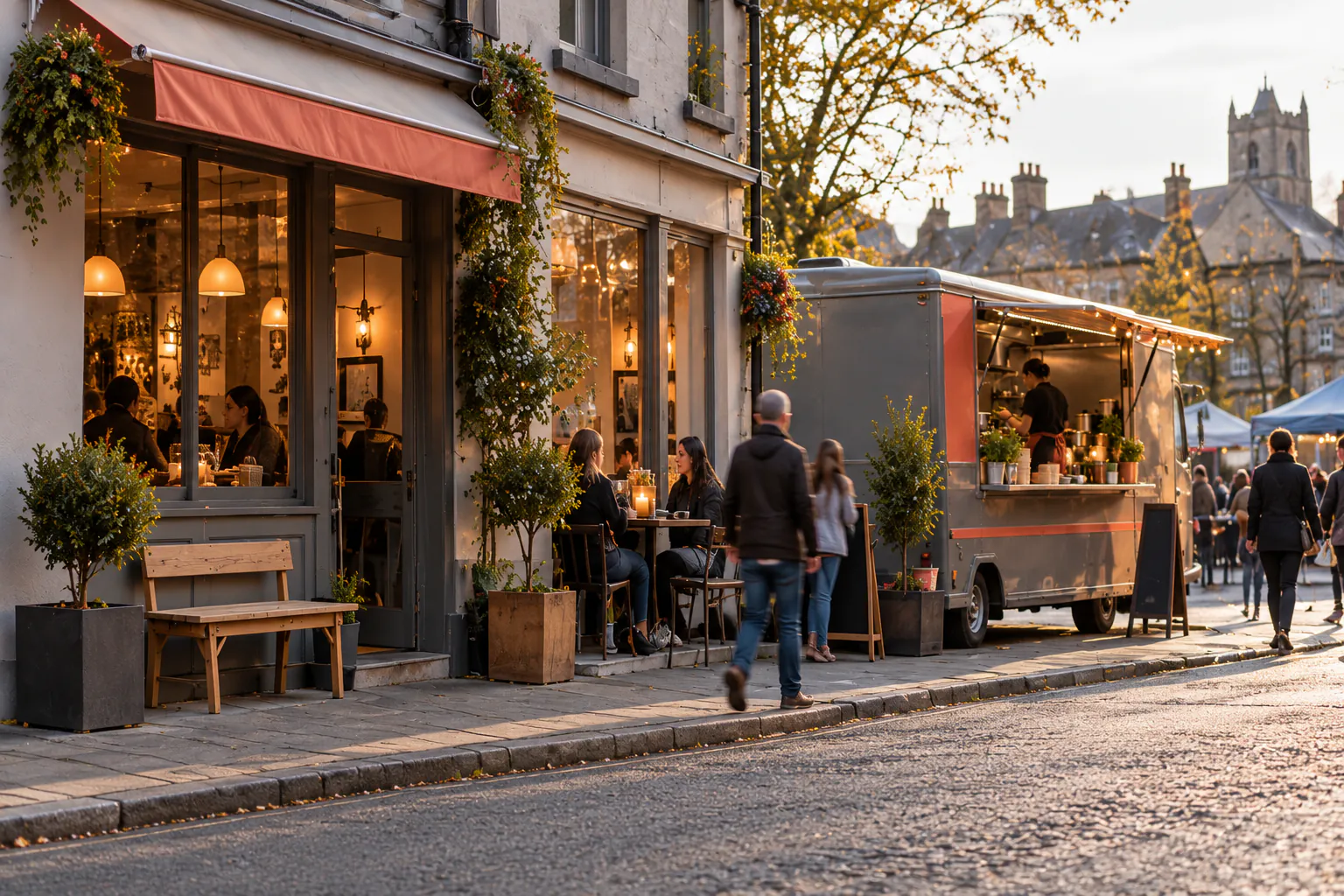 A food truck parked outside a café on the same street, two places run by one business